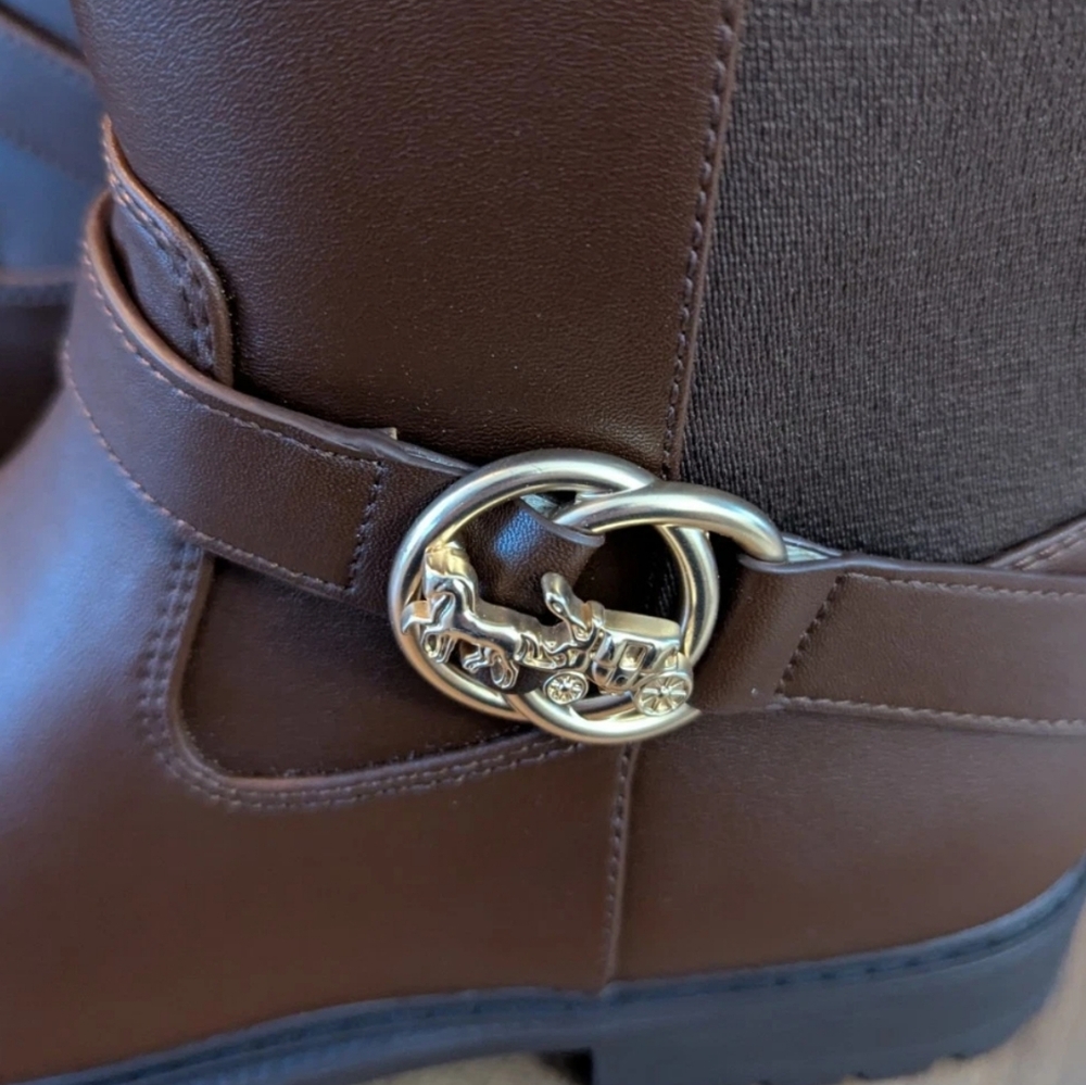 NWT Genuine Leather Risinf Boot Coach Brown Luggage Gold Embellished Boots - Picture 6 of 7